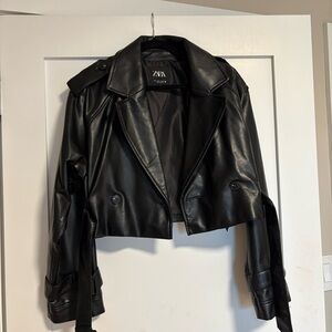 Zara Black Faux Leather cropped trench jacket